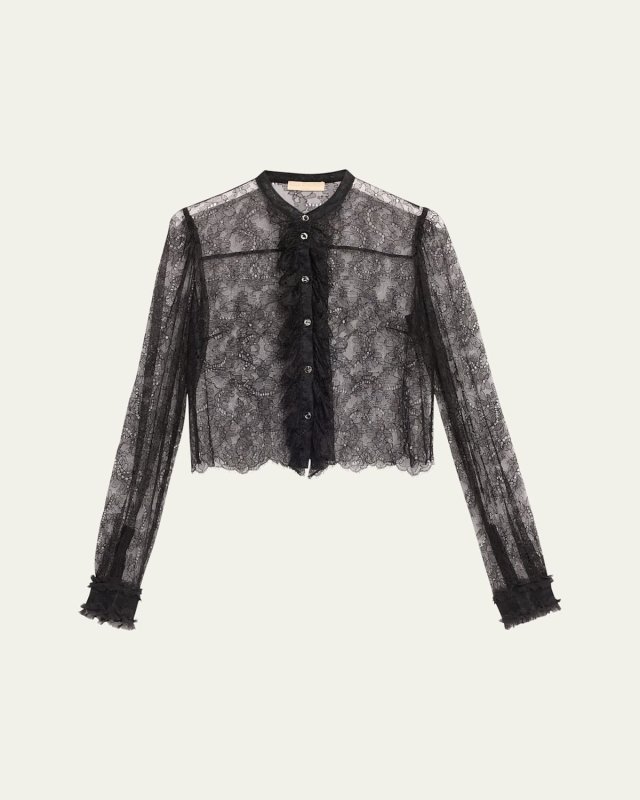 Cecile Ruffle-Trim Floral Lace Blouse